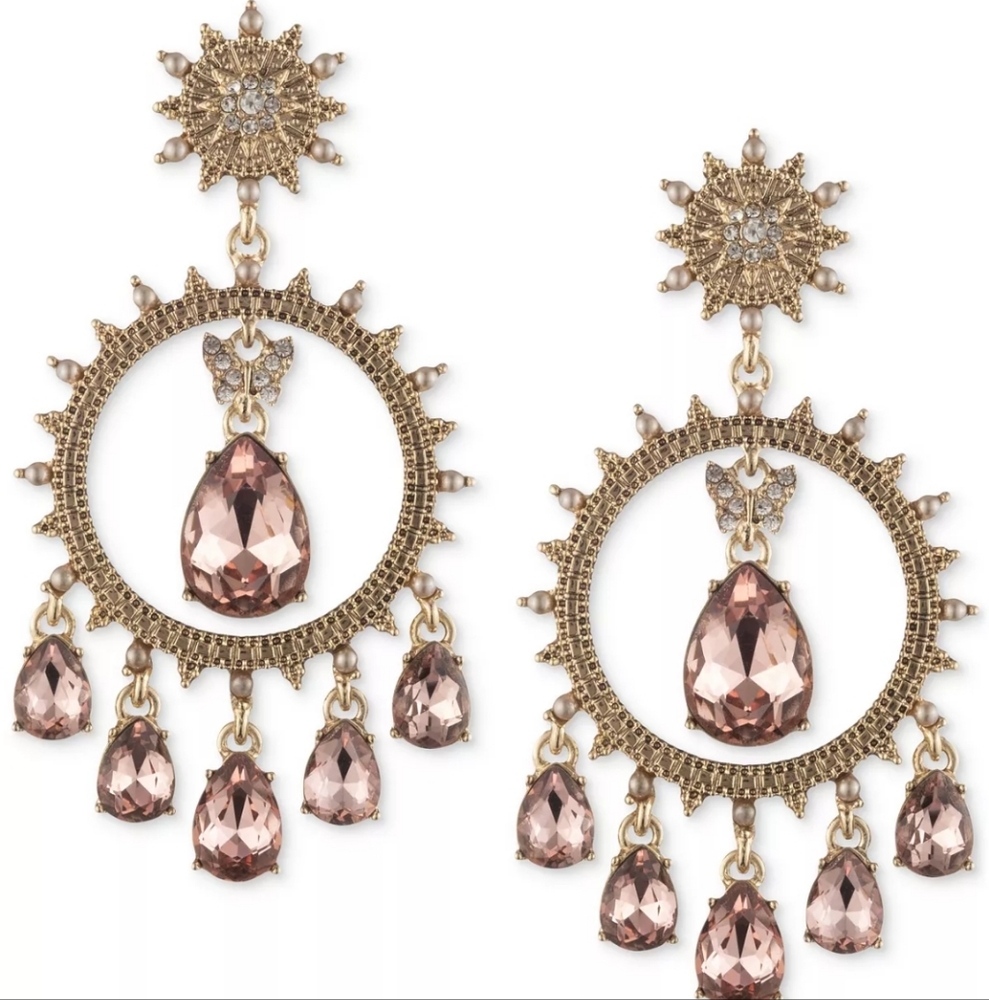 NWT Gorgeous Marchesa Elegant Gold and Pink Crystal Chandelier Earrings.
